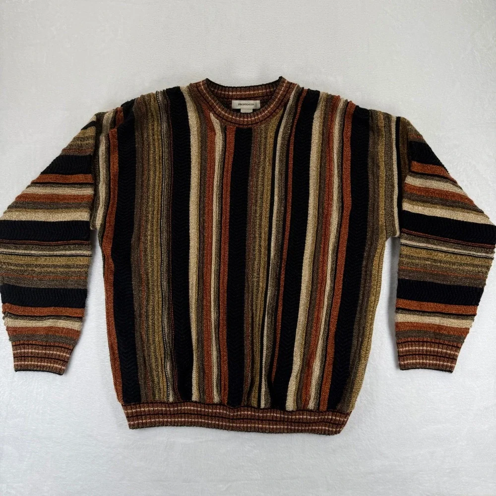 Vtg Pronto Uomo Men Striped Crew Neck Sweater‎ XXL Acrylic Knit Made in China